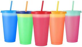 img 4 attached to 🥤 Sursip 24oz Plastic Tumblers with Lids & Straws - 5 Pack Reusable Party Drinking Cups, BPA-free, Color Changing Cups for Kids & Adults