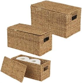 img 4 attached to 🧺 mDesign Natural Woven Seagrass Closet Storage Organizer Basket Bin Set - 3 Piece Set, Natural Finish