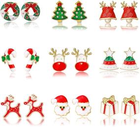 img 4 attached to 🎄 Christmas Dangle Earrings Set of 9/12 Pairs - Festive Christmas Tree, Star, Bell, Bow, Ball, Elk Stud Earrings for Women and Girls