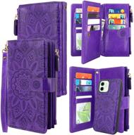 🌸 harryshell floral purple iphone 12/12 pro wallet case | 12 card slots, detachable magnetic zipper, leather, wrist strap | 6.1 inch logo