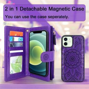 img 1 attached to 🌸 Harryshell Floral Purple iPhone 12/12 Pro Wallet Case | 12 Card Slots, Detachable Magnetic Zipper, Leather, Wrist Strap | 6.1 inch