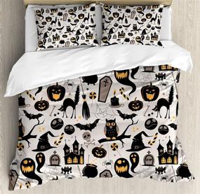 img 2 attached to 🎃 Ambesonne Vintage Halloween Duvet Cover Set - Spooky Halloween Cartoon Design, King Size Pale Grey Bedding Set with Pillow Shams