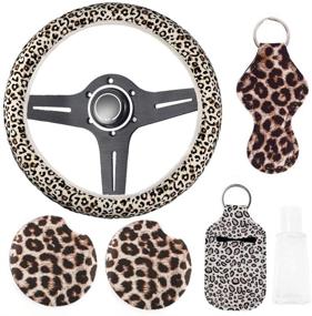 img 4 attached to 5Pcs Leopard Steering Wheel Cover For Women Car Wheel Accessories With 1Pc Leopard Steering Wheel Cover