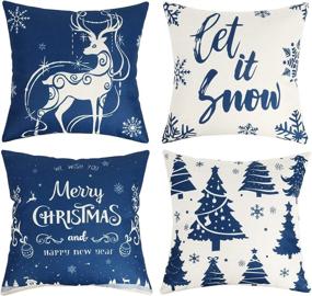 img 4 attached to 🎄 MerryColor Christmas Pillow Covers 18×18 Inches Set of 4 - Farmhouse Blue Rustic Linen Throw Pillow Cases for Sofa Couch Holiday Decorations & Christmas Festive Touch