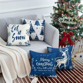 img 3 attached to 🎄 MerryColor Christmas Pillow Covers 18×18 Inches Set of 4 - Farmhouse Blue Rustic Linen Throw Pillow Cases for Sofa Couch Holiday Decorations & Christmas Festive Touch