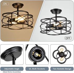 img 2 attached to 💡 Eyassi Semi Flush Mount Ceiling Light: Vintage Industrial 2-Light Fixture with Metal Cage - Perfect Close to Ceiling Lighting for Kitchen, Living Room, Bedroom, Laundry - Black Retro Ceiling Lamp.