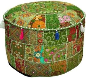 img 3 attached to 🌿 Exquisite Green Indian Vintage Ottoman Pouf Cover - Handmade Patchwork Foot Stool & Chair Cover by Radhy Krishna Fashions