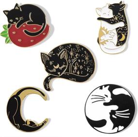 img 4 attached to Набор из 5 эмалевых значков: очаровательный дизайн черного кота для рюкзаков, курток, шляп - милые броши-коты из сплава для украшения