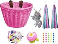 🦄 kids wicker bike basket with unicorn necklace & accessories set: handlebar bicycle basket for girls with bike bell, streamers, stickers - bike decoration accessories logo