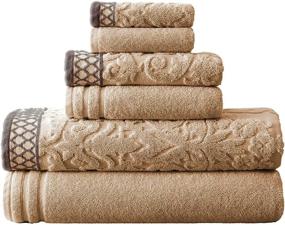 img 1 attached to 🛀 Amrapur Overseas 6-Piece Damask Jacquard/Solid Ultra Soft 550GSM 100% Combed Cotton Towel Set with Dark Border Embellishments, Taupe (Package May Vary)