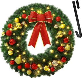 img 4 attached to 🎄 Juegoal 24 Inch Pre-Lit Christmas Wreath: Festive Spruce Decor with Red Bow, Colored Balls, Battery-Operated Warm White Lights, 60 LEDs & Timer, Metal Hanger – Perfect X-max Decoration for Front Doors!