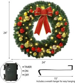 img 1 attached to 🎄 Juegoal 24 Inch Pre-Lit Christmas Wreath: Festive Spruce Decor with Red Bow, Colored Balls, Battery-Operated Warm White Lights, 60 LEDs & Timer, Metal Hanger – Perfect X-max Decoration for Front Doors!