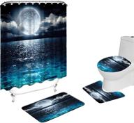 vividhome 4pcs shower curtain sets: full moon ocean landscape polyester curtain with 12 hooks, non-slip rugs, bathroom mats set, toilet lid cover & bath mat logo