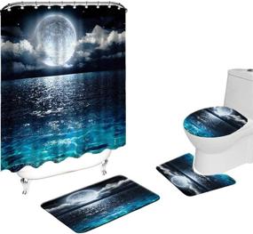 img 4 attached to VividHome 4PCS Shower Curtain Sets: Full Moon Ocean Landscape Polyester Curtain with 12 Hooks, Non-Slip Rugs, Bathroom Mats Set, Toilet Lid Cover & Bath Mat