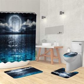 img 3 attached to VividHome 4PCS Shower Curtain Sets: Full Moon Ocean Landscape Polyester Curtain with 12 Hooks, Non-Slip Rugs, Bathroom Mats Set, Toilet Lid Cover & Bath Mat