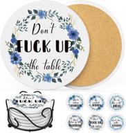 🍻 humorous drink coasters: 6-piece ceramic absorbent set with holder, tabletop protection & cork base - 4 inches, perfect for housewarming logo