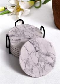 img 1 attached to 🍽️ Enhance Your Table Décor with LONDON LINENS Set of Six Grey Ceramic Coasters - Resemble Luxurious Marble, Absorbent Coasters with Metal Holder - Ideal Protection for Wooden Tables - Cork Coasters Included - Perfect 6 Piece Set for Coffee Table