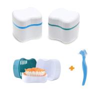 denture bath case: convenient european style denture box cup for soaking, rinsing, and storage - includes 2 cases, one brush, and disposable toothbrush - ideal travel kit for denture care logo