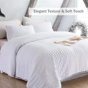 img 3 attached to 👑 Luxurious Queen Seersucker Comforter Set with Pompom Fringe and Ultra Soft Cozy, Washed Microfiber Inner Fill Bedding - Includes 1 White Comforter and 2 Pom Pom Pillow Shams