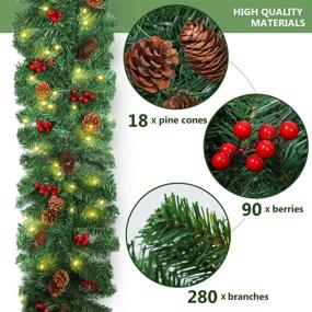 img 3 attached to 🎄 LASPERAL Christmas Garland with Lights, 9FT 100 Lights Pre-lit Christmas Garland with 126 Red Berries and 36 Pine Cones - Battery Operated Xmas Garland Greenery Decoration for Indoor Outdoor Fireplace Holiday