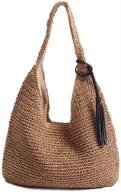 🌾 brown handwoven straw shoulder bag with black tassels, boho handle tote, retro beach bag, rattan handbag for summer logo