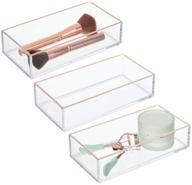 💄 mdesign clear and rose gold makeup organizer with storage bins - ideal for bathroom drawers, vanity, and countertop - perfect for makeup brushes, eyeshadow palettes, lipstick, lip gloss, blush, and concealers - pack of 3 logo