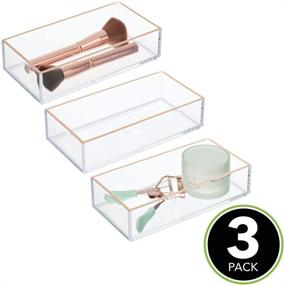 img 3 attached to 💄 mDesign Clear and Rose Gold Makeup Organizer with Storage Bins - Ideal for Bathroom Drawers, Vanity, and Countertop - Perfect for Makeup Brushes, Eyeshadow Palettes, Lipstick, Lip Gloss, Blush, and Concealers - Pack of 3