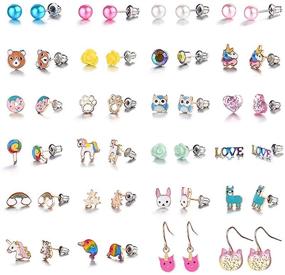 img 4 attached to 🌈 Hypoallergenic Earrings for Girls Kids - Colorful Stud Earrings, Alpaca & Rainbow Unicorn Animal Designs - Cute Earring Jewelry Set Gift for Girls, Kids, and Women