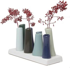 img 1 attached to 🌺 Pooley 2, 7.25" Long 3" Wide 4.5" Tall Rectangle Ceramic Flower Vase - Chive Home Decor Centerpieces for Bouquets, Unique Small Bud Decorative Floral Vase with Connected Tubes, Forest Green and Blue