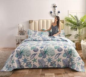 img 2 attached to Full/Queen Size Ocean Theme 3 Piece Quilts - Lightweight Coastal Beach Bedding Set with Seashell, Conch, and Starfish Design - Includes Bedspread Coverlet and 2 Pillowshams