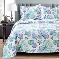 full/queen size ocean theme 3 piece quilts - lightweight coastal beach bedding set with seashell, conch, and starfish design - includes bedspread coverlet and 2 pillowshams logo