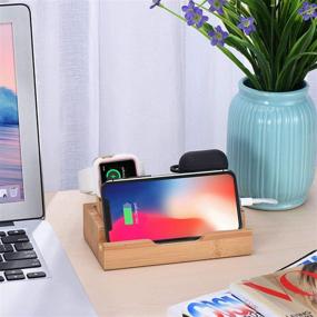 img 3 attached to 🔌 3-Port Bamboo Charging Station Desk Dock Stock Cradle Holder Organizer - Optimized for Universal Multi Device Charging Stand, Suitable for AirPods, Apple Watch, and Cell Phone with Case Compatibility