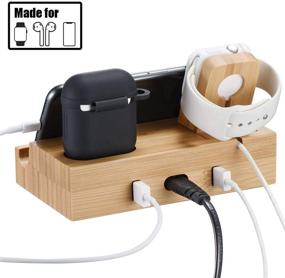 img 1 attached to 🔌 3-Port Bamboo Charging Station Desk Dock Stock Cradle Holder Organizer - Optimized for Universal Multi Device Charging Stand, Suitable for AirPods, Apple Watch, and Cell Phone with Case Compatibility