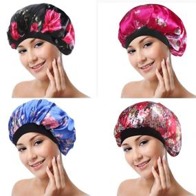 img 1 attached to Women's 4-Pack Wide Band Satin Sleeping Cap - 🌙 Soft Salon Bonnet Silk Night Hat for Hair Loss, 4 Styles