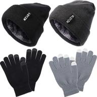 4-piece winter beanie hat and glove set with fleece lining - unisex cap and glove set for men and women (black + gray) logo