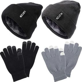 img 4 attached to 4-Piece Winter Beanie Hat and Glove Set with Fleece Lining - Unisex Cap and Glove Set for Men and Women (Black + Gray)