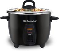 elite gourmet maxi-matic electric rice cooker with stainless steel inner pot - ideal for soups, stews, porridge's, grains, and cereals, 10 cups cooked (5 cups uncooked), in sleek black логотип