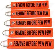 🧡 vibrant neon orange & black key chain pack: remove before pew pew - set of 5 logo