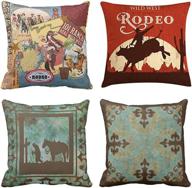 🤠 emvency set of 4 vintage western cowboy throw pillow covers - wild west riding bull wooden decorative pillow cases for home decor - 18x18 inches square pillowcases логотип