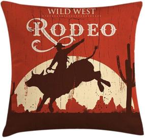 img 2 attached to 🤠 Emvency Set of 4 Vintage Western Cowboy Throw Pillow Covers - Wild West Riding Bull Wooden Decorative Pillow Cases for Home Decor - 18x18 Inches Square Pillowcases