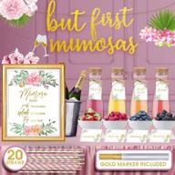 🍾 mimosa bar sign: but first mimosas - gold foil poster, 4 bottle tags, 20 striped paper straws, 4 table cards & gold marker – complete set for bridal or baby shower, brunch decorations логотип