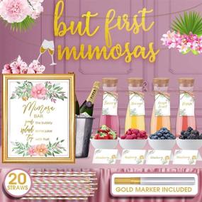 img 4 attached to 🍾 Mimosa Bar Sign: But First Mimosas - Gold Foil Poster, 4 Bottle Tags, 20 Striped Paper Straws, 4 Table Cards & Gold Marker – Complete Set for Bridal or Baby Shower, Brunch Decorations