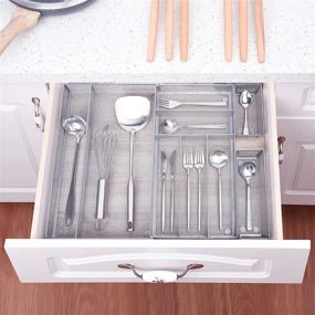 img 2 attached to 🗄️ Optimized Expandable Kitchen Drawer Organizer with 7+2 Compartments - Mesh Flatware Cutlery Trays for Storage of Silverware, Utensils, and More with Anti-slip Mats