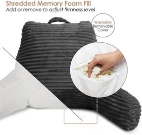 img 1 attached to 📚 Dark Gray Cut Plush Striped Reading Pillow for Kids & Teens, Medium Back Pillow with Arms and Back Support - Shredded Memory Foam Bed Rest Pillow