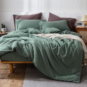 img 4 attached to MooMee Pre-Washed Cotton Duvet Cover Set: Luxurious Linen Look, Heathered Green, Queen - Breathable & Durable