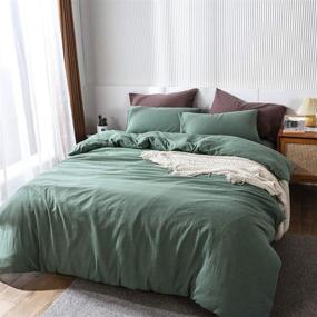 img 2 attached to MooMee Pre-Washed Cotton Duvet Cover Set: Luxurious Linen Look, Heathered Green, Queen - Breathable & Durable