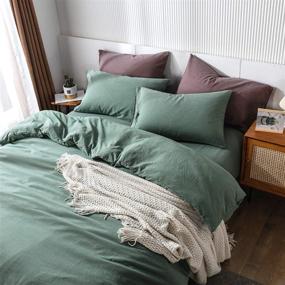 img 1 attached to MooMee Pre-Washed Cotton Duvet Cover Set: Luxurious Linen Look, Heathered Green, Queen - Breathable & Durable