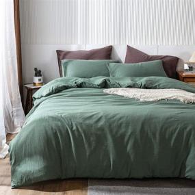 img 3 attached to MooMee Pre-Washed Cotton Duvet Cover Set: Luxurious Linen Look, Heathered Green, Queen - Breathable & Durable
