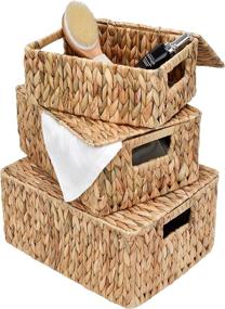 img 4 attached to 🧺 Set of 3 Rectangular Wicker Baskets for Organizing, Water Hyacinth Storage Baskets with Lids and Built-in Handles - Large, Medium, and Small Sizes