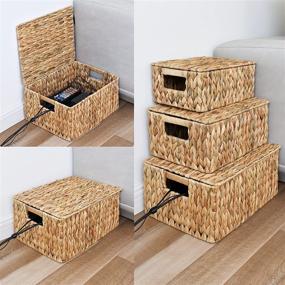 img 1 attached to 🧺 Set of 3 Rectangular Wicker Baskets for Organizing, Water Hyacinth Storage Baskets with Lids and Built-in Handles - Large, Medium, and Small Sizes